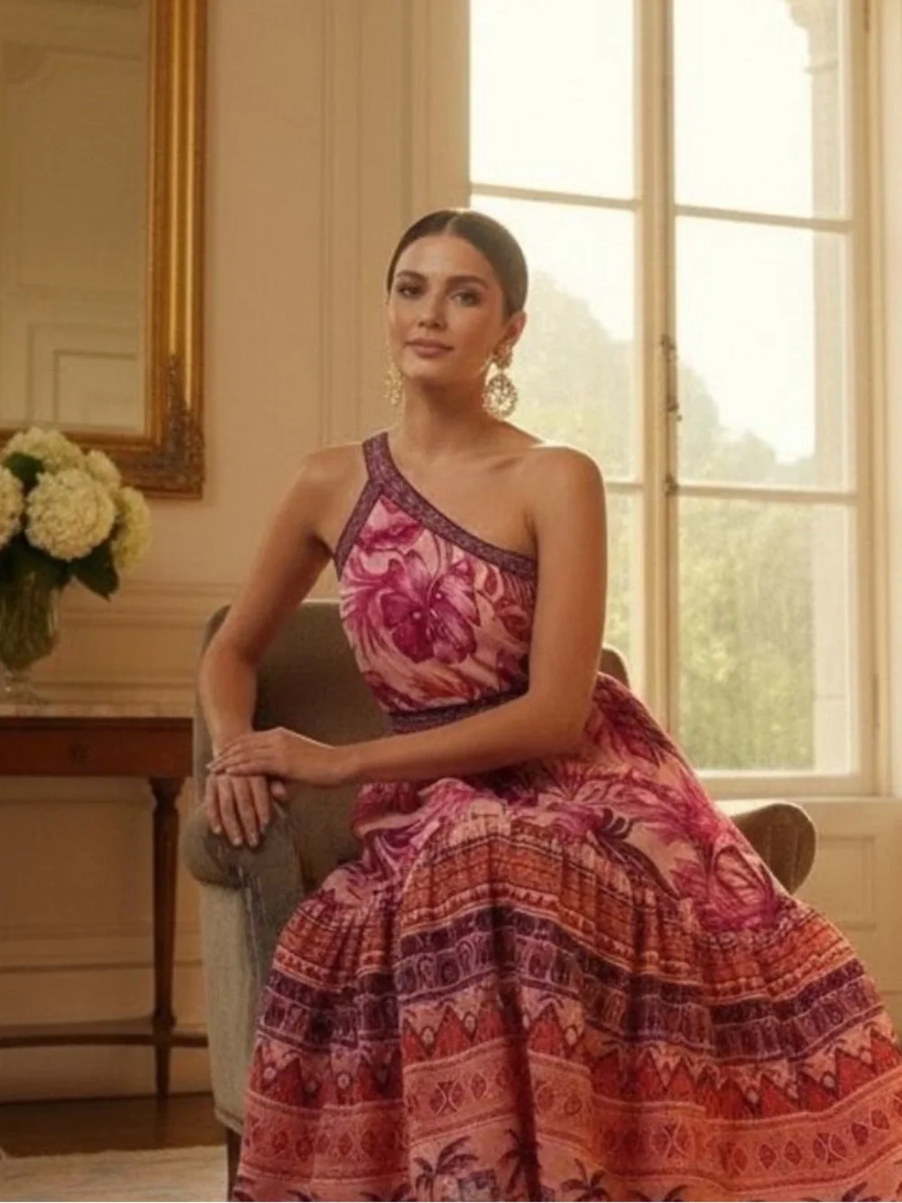 ELIZA J Pink, Purple & Orange Tropical Print One-Shoulder Maxi Dress Size 8 - Picture 3 of 4